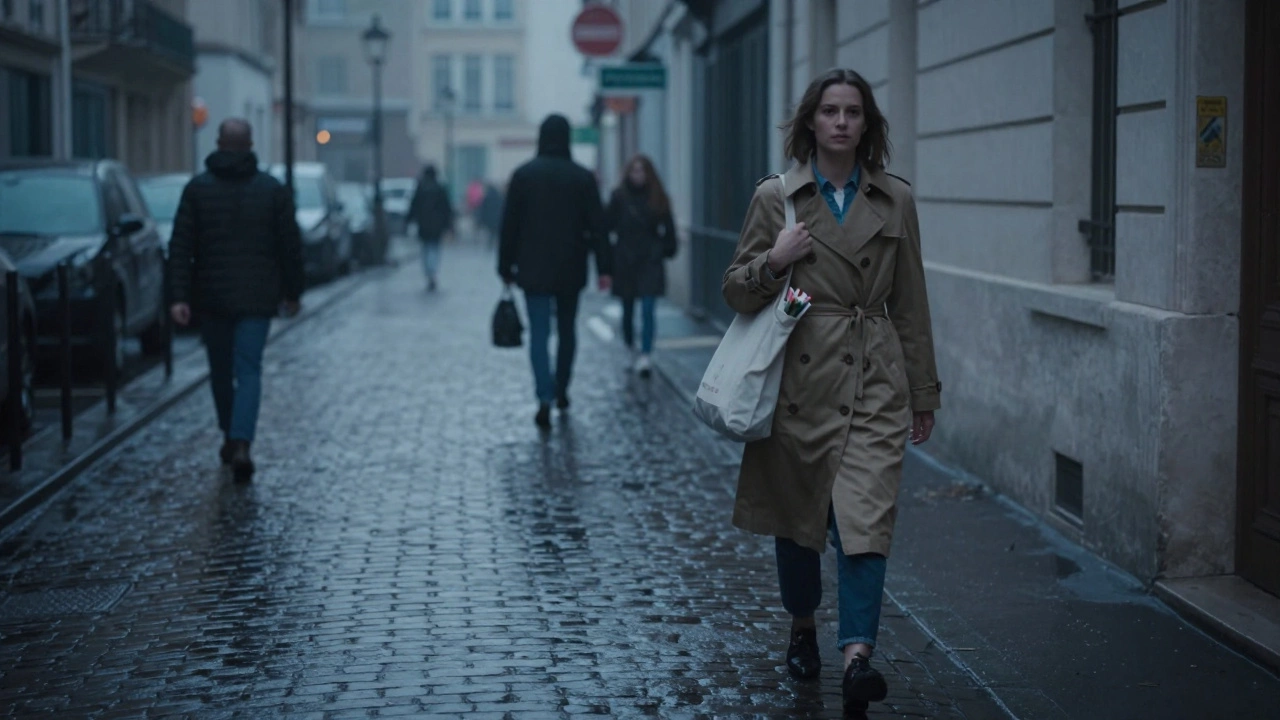 A woman walks alone in the rain-drenched streets of Montmartre at dusk.