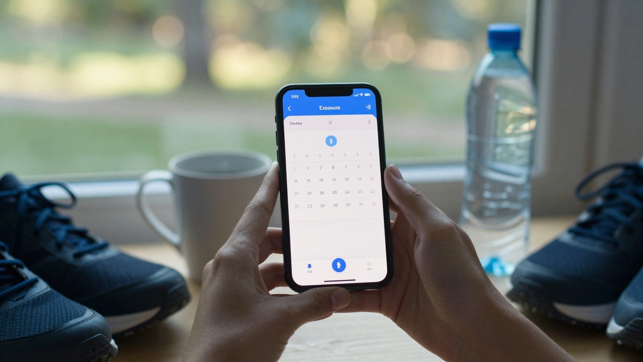 Hand holding a phone showing an exposure log app with water bottle, shoes, and sunlight nearby.