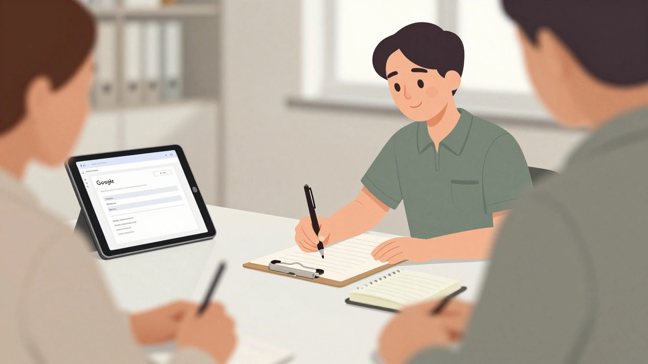 Service provider signing a clipboard with a long pen while maintaining distance from a client.