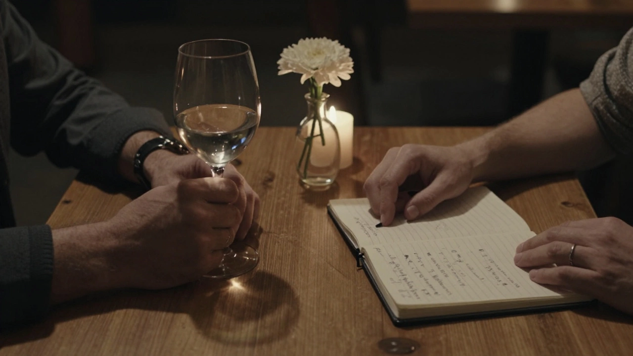 Two hands rest on a wooden table in a café, wine and notebook between them.
